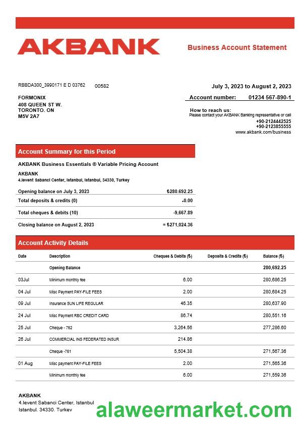 Akbank enterprise account statement Word and PDF template